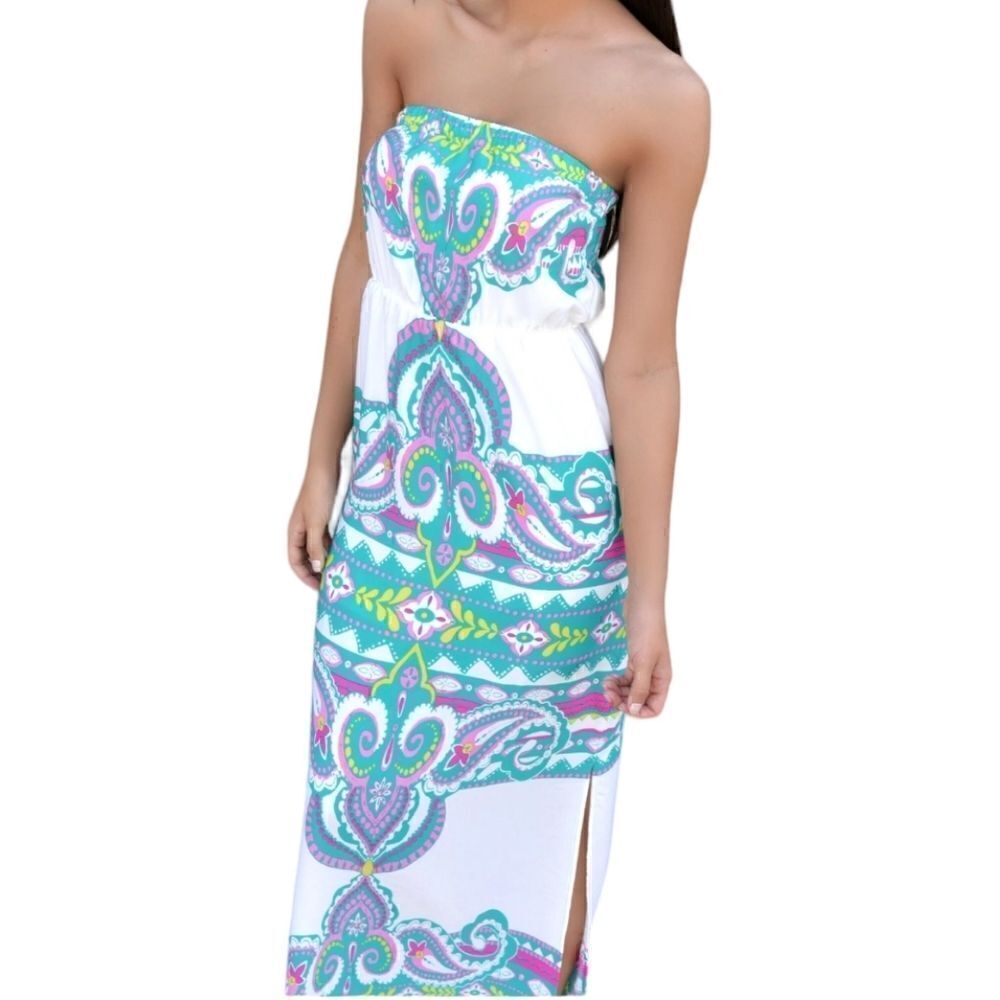 Pink Owl Green White Multicolored Boho Strapless Maxi Sz Medium